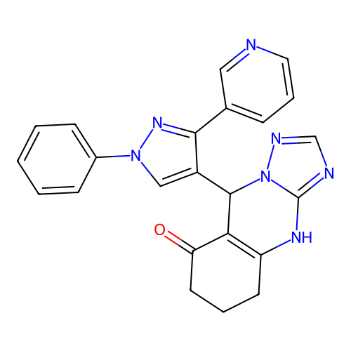9-(1-phenyl-3-(pyridin-3-yl)-1H-pyrazol-4-yl)-5,6,7,9-tetrahydro-[1,2,4]triazolo[5,1-b]quinazolin-8(4H)-one structure