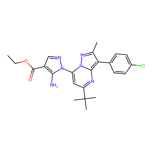 ethyl 5-amino-1-(5-(tert-butyl)-3-(4-chlorophenyl)-2-methylpyrazolo[1,5-a]pyrimidin-7-yl)-1H-pyrazole-4-carboxylate structure