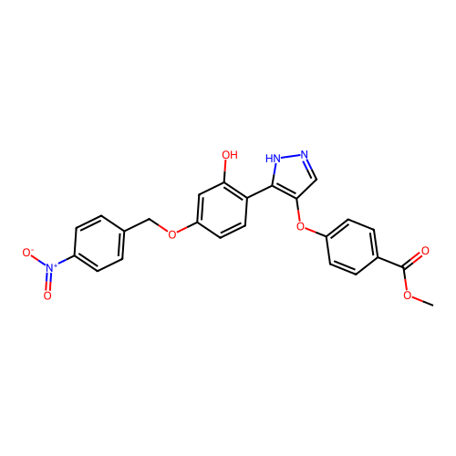 methyl 4-((3-(2-hydroxy-4-((4-nitrobenzyl)oxy)phenyl)-1H-pyrazol-4-yl)oxy)benzoate structure