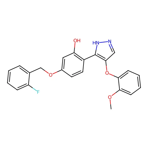 5-[(2-氟苯基)甲氧基]-2-[4-(2-甲氧基苯氧基)-1H-吡唑-5-基]苯酚 structure