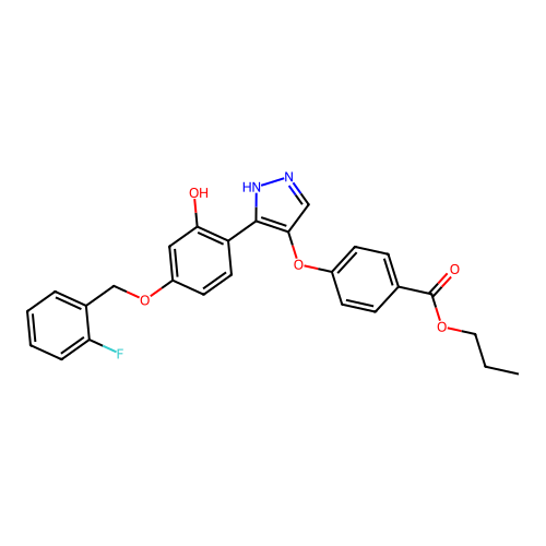 propyl 4-[(3-{4-[(2-fluorobenzyl)oxy]-2-hydroxyphenyl}-1H-pyrazol-4-yl)oxy]benzoate structure