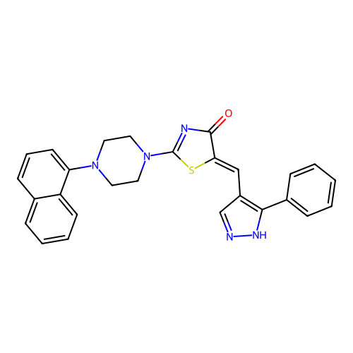 (5Z)-2-(4-naphthalen-1-ylpiperazin-1-yl)-5-[(5-phenyl-1H-pyrazol-4-yl)methylidene]-1,3-thiazol-4-one structure
