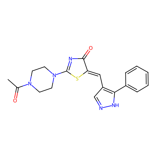 (Z)-2-(4-acetylpiperazin-1-yl)-5-((3-phenyl-1H-pyrazol-4-yl)methylene)thiazol-4(5H)-one structure