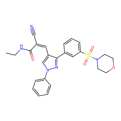 (Z)-2-cyano-N-ethyl-3-(3-(3-(morpholinosulfonyl)phenyl)-1-phenyl-1H-pyrazol-4-yl)acrylamide structure