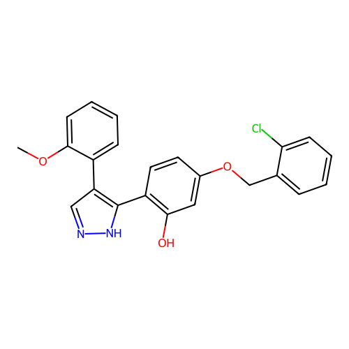 5-((2-chlorobenzyl)oxy)-2-(4-(2-methoxyphenyl)-1H-pyrazol-3-yl)phenol structure