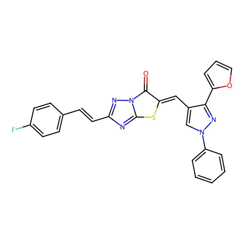(5Z)-2-[(E)-2-(4-fluorophenyl)ethenyl]-5-[[3-(furan-2-yl)-1-phenylpyrazol-4-yl]methylidene]-[1,3]thiazolo[3,2-b][1,2,4]triazol-6-one structure
