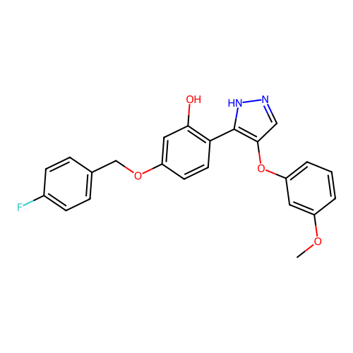 5-[(4-fluorobenzyl)oxy]-2-[4-(3-methoxyphenoxy)-1H-pyrazol-3-yl]phenol structure