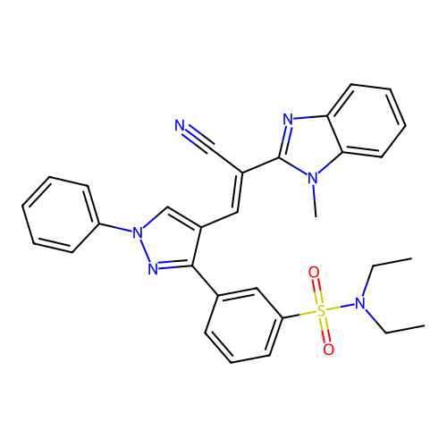(E)-3-(4-(2-cyano-2-(1-methyl-1H-benzo[d]imidazol-2-yl)vinyl)-1-phenyl-1H-pyrazol-3-yl)-N,N-diethylbenzenesulfonamide structure