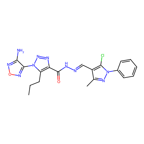 (E)-1-(4-amino-1,2,5-oxadiazol-3-yl)-N'-((5-chloro-3-methyl-1-phenyl-1H-pyrazol-4-yl)methylene)-5-propyl-1H-1,2,3-triazole-4-carbohydrazide structure