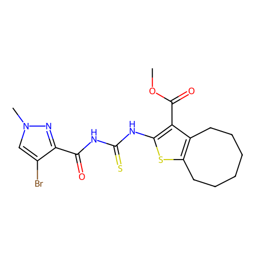 methyl 2-({[(4-bromo-1-methyl-1H-pyrazol-3-yl)carbonyl]carbamothioyl}amino)-4,5,6,7,8,9-hexahydrocycloocta[b]thiophene-3-carboxylate structure