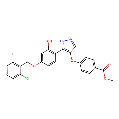 methyl 4-[(5-{4-[(2-chloro-6-fluorobenzyl)oxy]-2-hydroxyphenyl}-1H-pyrazol-4-yl)oxy]benzoate structure