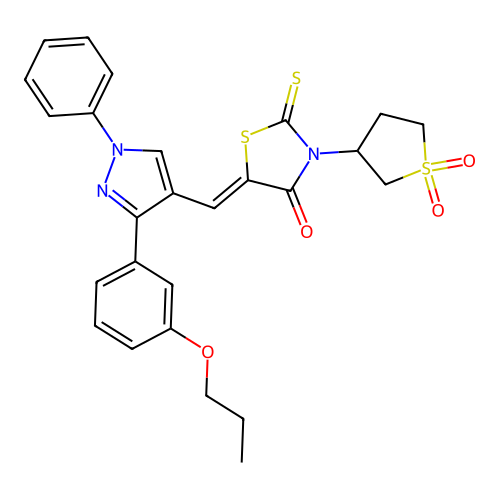(5Z)-3-(1,1-dioxidotetrahydrothiophen-3-yl)-5-{[1-phenyl-3-(3-propoxyphenyl)-1H-pyrazol-4-yl]methylidene}-2-thioxo-1,3-thiazolidin-4-one structure