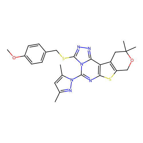 5-(3,5-dimethyl-1H-pyrazol-1-yl)-3-((4-methoxybenzyl)thio)-10,10-dimethyl-10,11-dihydro-8H-pyrano[4',3':4,5]thieno[3,2-e][1,2,4]triazolo[4,3-c]pyrimidine structure