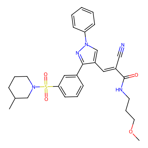 (2E)-2-cyano-N-(3-methoxypropyl)-3-(3-{3-[(3-methylpiperidin-1-yl)sulfonyl]phenyl}-1-phenyl-1H-pyrazol-4-yl)prop-2-enamide structure