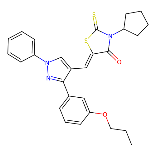 (5Z)-3-cyclopentyl-5-{[1-phenyl-3-(3-propoxyphenyl)-1H-pyrazol-4-yl]methylidene}-2-thioxo-1,3-thiazolidin-4-one structure