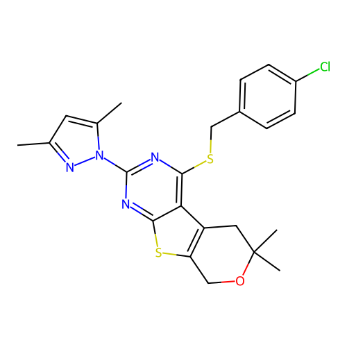 4-((4-chlorobenzyl)thio)-2-(3,5-dimethyl-1H-pyrazol-1-yl)-6,6-dimethyl-6,8-dihydro-5H-pyrano[4',3':4,5]thieno[2,3-d]pyrimidine structure