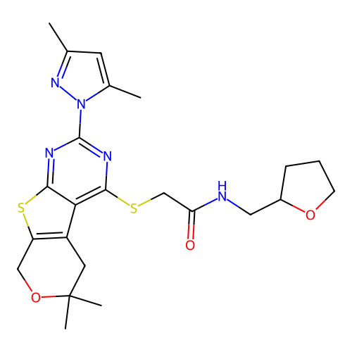 2-((2-(3,5-dimethyl-1H-pyrazol-1-yl)-6,6-dimethyl-6,8-dihydro-5H-pyrano[4',3':4,5]thieno[2,3-d]pyrimidin-4-yl)thio)-N-((tetrahydrofuran-2-yl)methyl)acetamide structure