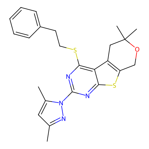 2-(3,5-dimethyl-1H-pyrazol-1-yl)-6,6-dimethyl-4-(phenethylthio)-6,8-dihydro-5H-pyrano[4',3':4,5]thieno[2,3-d]pyrimidine structure