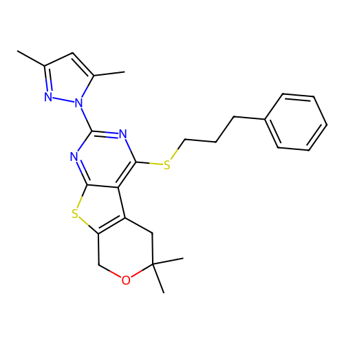 2-(3,5-dimethyl-1H-pyrazol-1-yl)-6,6-dimethyl-4-((3-phenylpropyl)thio)-6,8-dihydro-5H-pyrano[4',3':4,5]thieno[2,3-d]pyrimidine structure