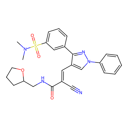 (E)-2-cyano-3-(3-(3-(N,N-dimethylsulfamoyl)phenyl)-1-phenyl-1H-pyrazol-4-yl)-N-((tetrahydrofuran-2-yl)methyl)acrylamide structure