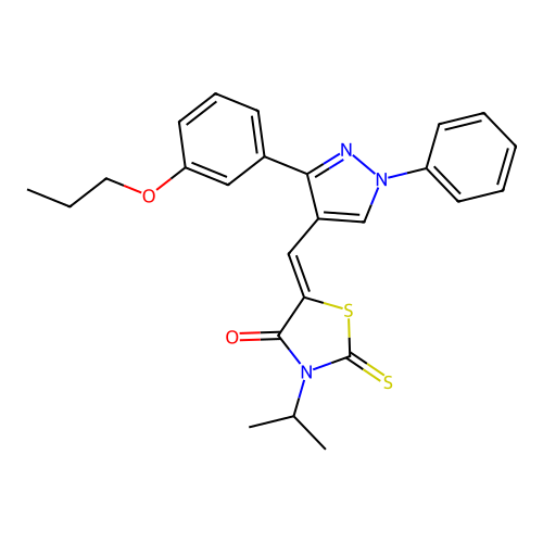(Z)-3-isopropyl-5-((1-phenyl-3-(3-propoxyphenyl)-1H-pyrazol-4-yl)methylene)-2-thioxothiazolidin-4-one structure
