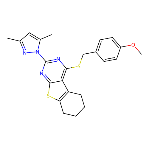 2-(3,5-dimethyl-1H-pyrazol-1-yl)-4-((4-methoxybenzyl)thio)-5,6,7,8-tetrahydrobenzo[4,5]thieno[2,3-d]pyrimidine structure