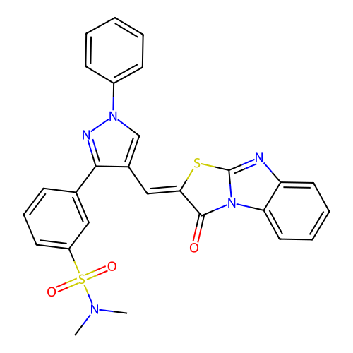 N,N-dimethyl-3-{4-[(Z)-(3-oxo[1,3]thiazolo[3,2-a]benzimidazol-2(3H)-ylidene)methyl]-1-phenyl-1H-pyrazol-3-yl}benzenesulfonamide structure