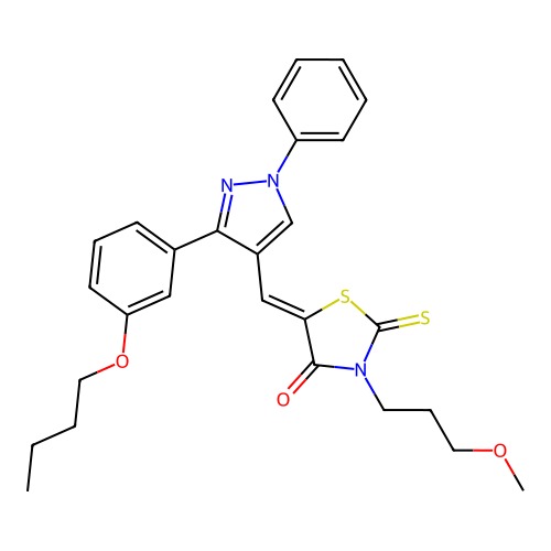 (5Z)-5-{[3-(3-butoxyphenyl)-1-phenyl-1H-pyrazol-4-yl]methylidene}-3-(3-methoxypropyl)-2-thioxo-1,3-thiazolidin-4-one structure
