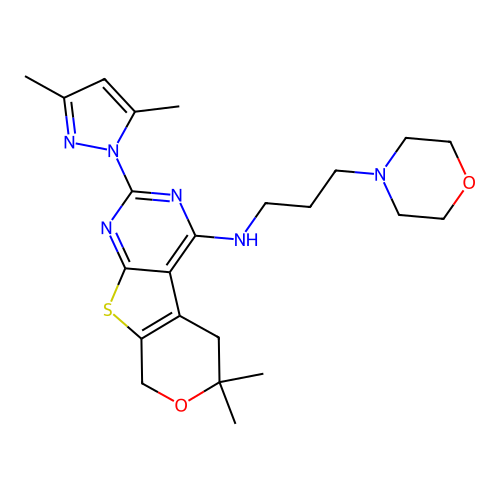 2-(3,5-dimethyl-1H-pyrazol-1-yl)-6,6-dimethyl-N-(3-morpholinopropyl)-6,8-dihydro-5H-pyrano[4',3':4,5]thieno[2,3-d]pyrimidin-4-amine structure