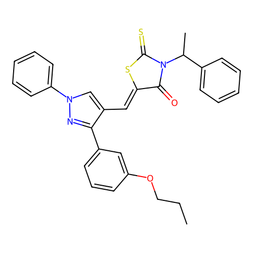 (5Z)-3-(1-phenylethyl)-5-{[1-phenyl-3-(3-propoxyphenyl)-1H-pyrazol-4-yl]methylidene}-2-thioxo-1,3-thiazolidin-4-one structure