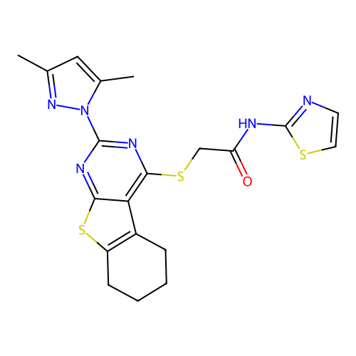 2-((2-(3,5-dimethyl-1H-pyrazol-1-yl)-5,6,7,8-tetrahydrobenzo[4,5]thieno[2,3-d]pyrimidin-4-yl)thio)-N-(thiazol-2-yl)acetamide structure
