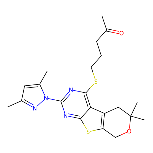 5-((2-(3,5-dimethyl-1H-pyrazol-1-yl)-6,6-dimethyl-6,8-dihydro-5H-pyrano[4',3':4,5]thieno[2,3-d]pyrimidin-4-yl)thio)pentan-2-one structure