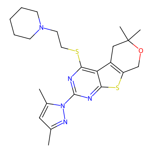 2-(3,5-dimethyl-1H-pyrazol-1-yl)-6,6-dimethyl-4-((2-(piperidin-1-yl)ethyl)thio)-6,8-dihydro-5H-pyrano[4',3':4,5]thieno[2,3-d]pyrimidine structure