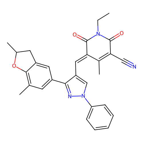 (5E)-5-[[3-(2,7-dimethyl-2,3-dihydro-1-benzofuran-5-yl)-1-phenylpyrazol-4-yl]methylidene]-1-ethyl-4-methyl-2,6-dioxopyridine-3-carbonitrile structure