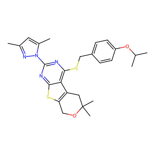 2-(3,5-dimethyl-1H-pyrazol-1-yl)-4-((4-isopropoxybenzyl)thio)-6,6-dimethyl-6,8-dihydro-5H-pyrano[4',3':4,5]thieno[2,3-d]pyrimidine structure