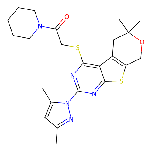 2-((2-(3,5-dimethyl-1H-pyrazol-1-yl)-6,6-dimethyl-6,8-dihydro-5H-pyrano[4',3':4,5]thieno[2,3-d]pyrimidin-4-yl)thio)-1-(piperidin-1-yl)ethanone structure