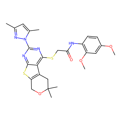 N-(2,4-dimethoxyphenyl)-2-((2-(3,5-dimethyl-1H-pyrazol-1-yl)-6,6-dimethyl-6,8-dihydro-5H-pyrano[4',3':4,5]thieno[2,3-d]pyrimidin-4-yl)thio)acetamide structure