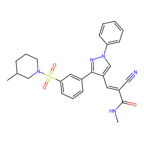 (2E)-2-cyano-N-methyl-3-(3-{3-[(3-methylpiperidin-1-yl)sulfonyl]phenyl}-1-phenyl-1H-pyrazol-4-yl)prop-2-enamide structure
