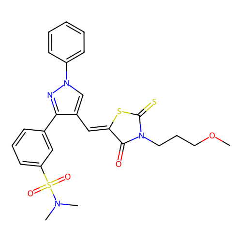 3-(4-{(Z)-[3-(3-methoxypropyl)-4-oxo-2-thioxo-1,3-thiazolidin-5-ylidene]methyl}-1-phenyl-1H-pyrazol-3-yl)-N,N-dimethylbenzenesulfonamide structure