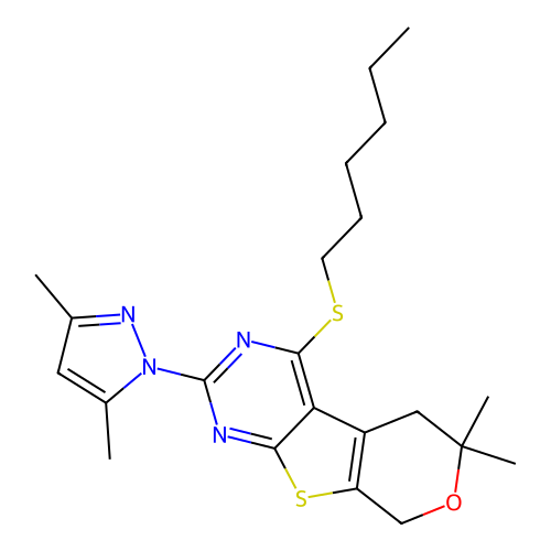 2-(3,5-dimethyl-1H-pyrazol-1-yl)-4-(hexylsulfanyl)-6,6-dimethyl-5,8-dihydro-6H-pyrano[4',3':4,5]thieno[2,3-d]pyrimidine structure