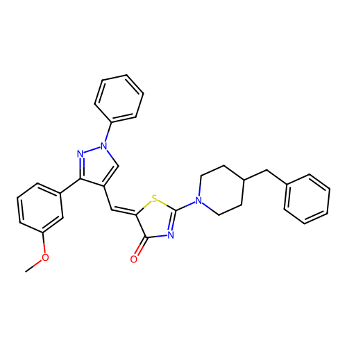 (5Z)-2-(4-benzylpiperidin-1-yl)-5-{[3-(3-methoxyphenyl)-1-phenyl-1H-pyrazol-4-yl]methylidene}-1,3-thiazol-4(5H)-one structure