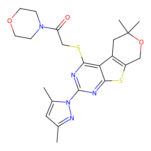 2-((2-(3,5-dimethyl-1H-pyrazol-1-yl)-6,6-dimethyl-6,8-dihydro-5H-pyrano[4',3':4,5]thieno[2,3-d]pyrimidin-4-yl)thio)-1-morpholinoethanone structure