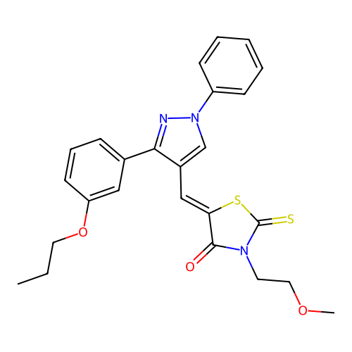 (5Z)-3-(2-methoxyethyl)-5-{[1-phenyl-3-(3-propoxyphenyl)-1H-pyrazol-4-yl]methylidene}-2-thioxo-1,3-thiazolidin-4-one structure