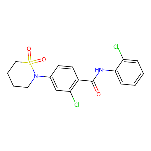 2-chloro-N-(2-chlorophenyl)-4-(1,1-dioxido-1,2-thiazinan-2-yl)benzamide structure