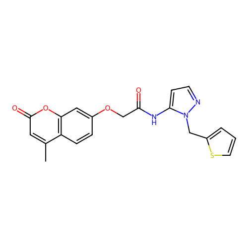 2-[(4-Methyl-2-oxo-2H-1-benzopyran-7-yl)oxy]-N-[1-(2-thienylmethyl)-1H-pyrazol-5-yl]acetamide structure
