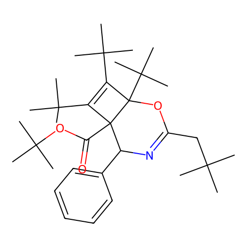 (1S,6R)-1,7,8-Tri-tert-butyl-3-(2,2-dimethyl-propyl)-5-phenyl-2-oxa-4-aza-bicyclo[4.2.0]octa-3,7-diene-6-carboxylic acid tert-butyl ester structure