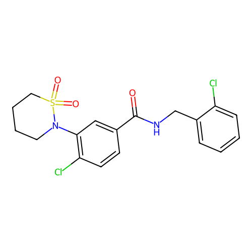 4-chloro-N-(2-chlorobenzyl)-3-(1,1-dioxido-1,2-thiazinan-2-yl)benzamide structure