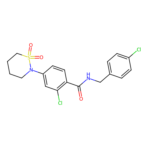 2-chloro-N-(4-chlorobenzyl)-4-(1,1-dioxido-1,2-thiazinan-2-yl)benzamide structure
