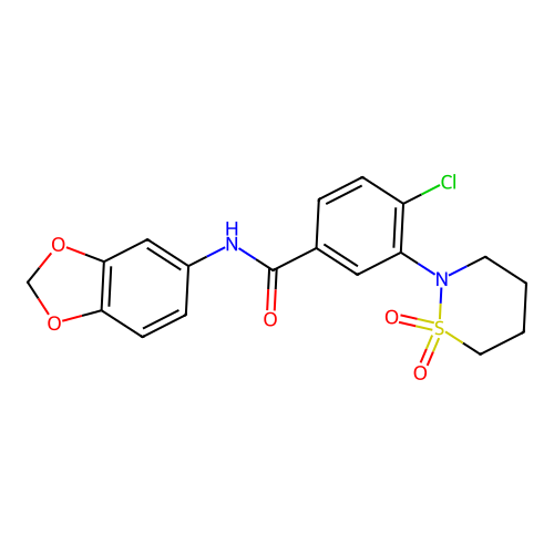 N-(1,3-benzodioxol-5-yl)-4-chloro-3-(1,1-dioxido-1,2-thiazinan-2-yl)benzamide structure