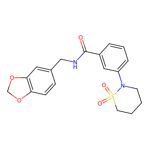 N-(1,3-benzodioxol-5-ylmethyl)-3-(1,1-dioxido-1,2-thiazinan-2-yl)benzamide structure